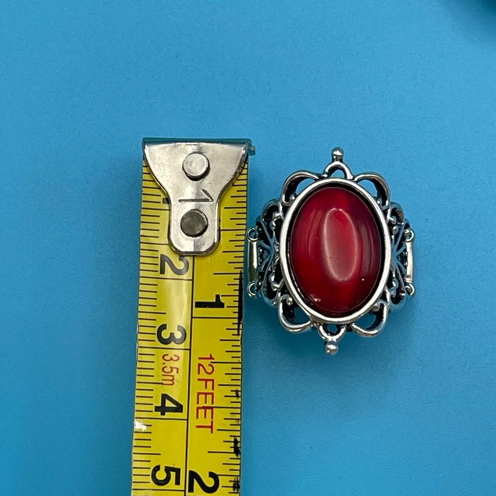 Red Jewel Ornate Silver Tone Stretch Ring Statement Goth Victorian Boho Filigree
